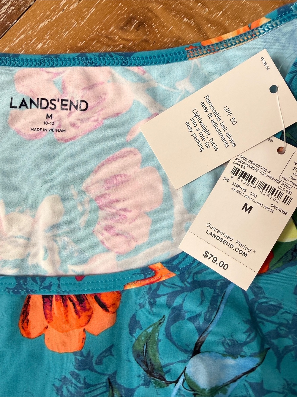 Lands' End NWT Teal Floral Swim Dress / Coverup with Tie Waist UPF 50 / Sz 10-12 - Picture 3 of 10